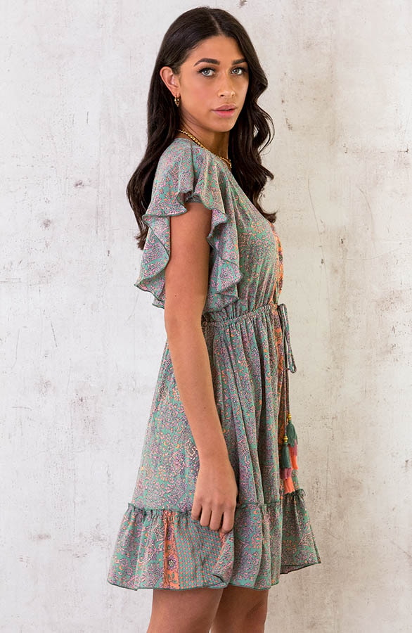 Silk Paisley Ruffle Jurk Army – shoparchief, foto 3