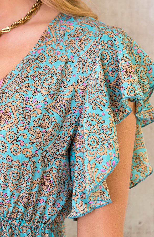 Silk Paisley Ruffle Jurk Mint – shoparchief, foto 5