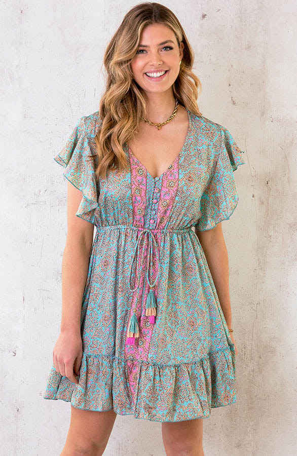 Silk Paisley Ruffle Jurk Mint – shoparchief