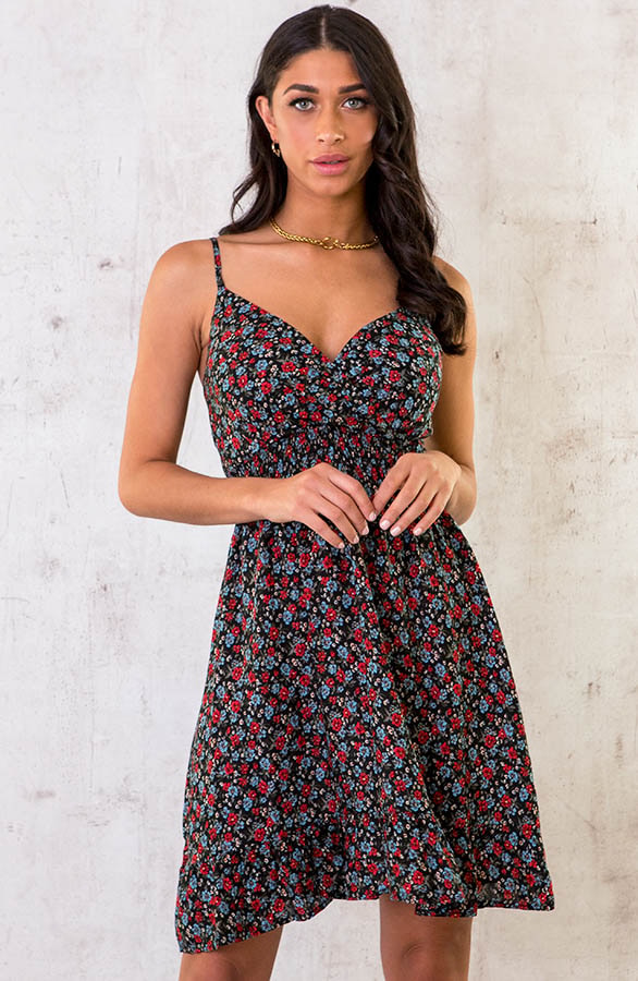 Spaghetti Jurk Bloemen Rood Blauw – shoparchief, foto 2