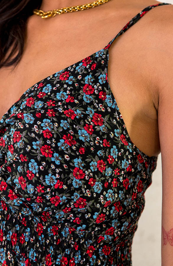 Spaghetti Jurk Bloemen Rood Blauw – shoparchief, foto 6