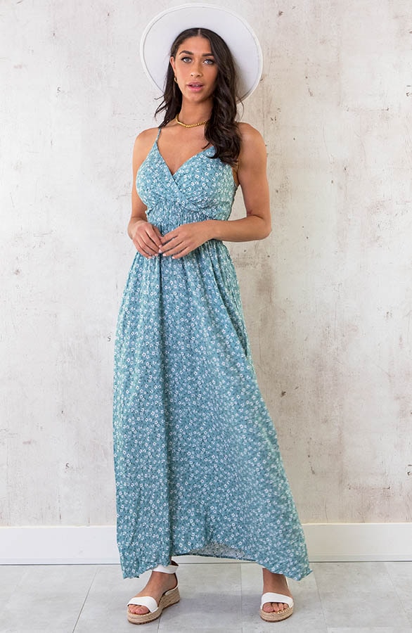 Spaghetti Maxi Jurk Bloem Dust Mint – shoparchief