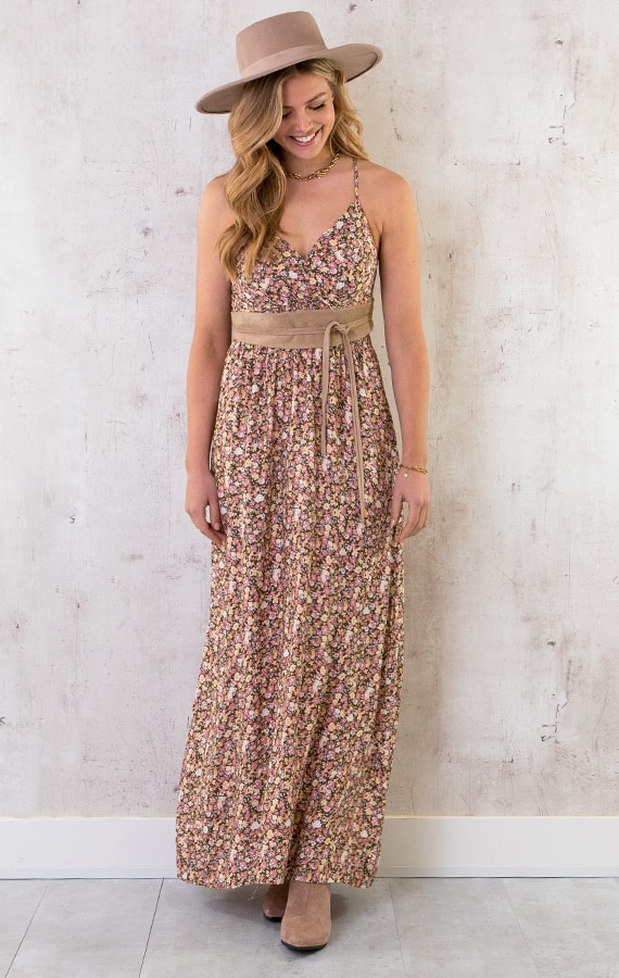 Spaghetti Maxi Jurk Flowers Roze Geel – shoparchief, foto 2