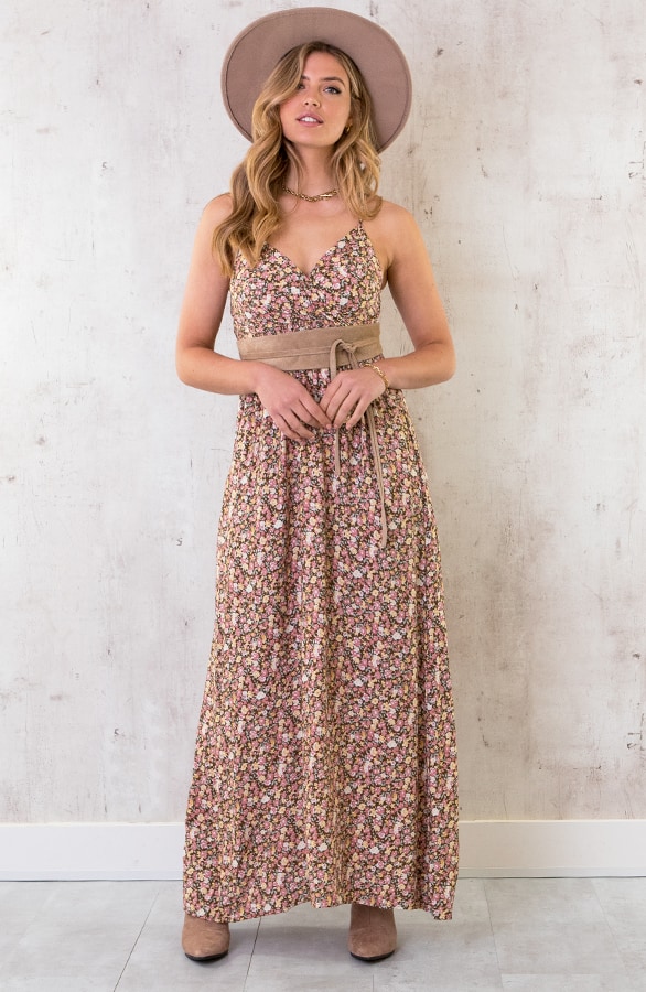 Spaghetti Maxi Jurk Flowers Roze Geel – shoparchief
