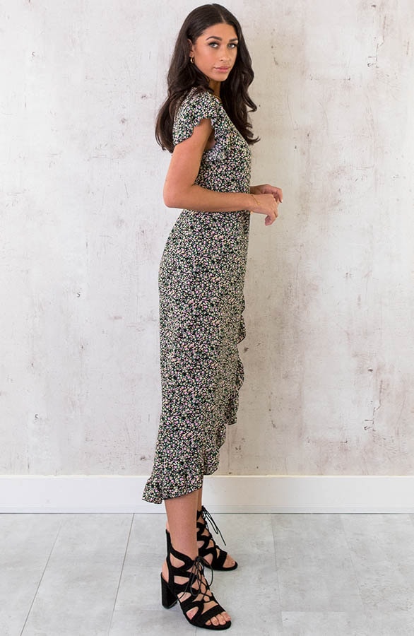 Bloemen Jurk Midi Zwart Roze – shoparchief, foto 3
