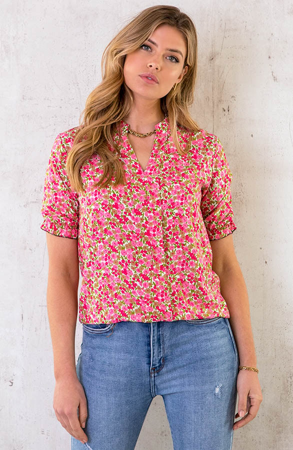 Blouse V-hals Bloemen Roze – shoparchief