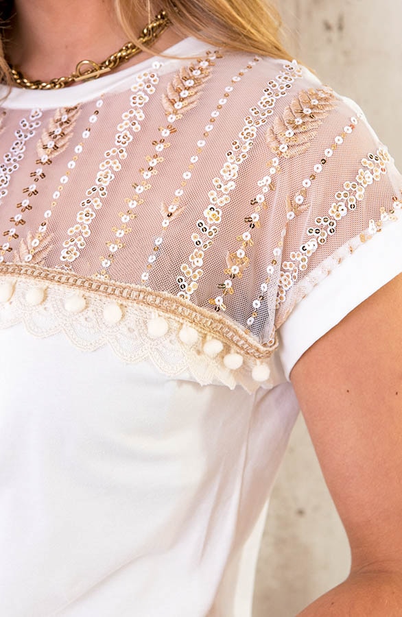 Boho Pailletten It-Shirt Ecru – shoparchief, foto 5