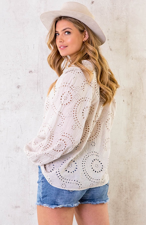 Katoenen Embroidery Oversized Blouse Beige – shoparchief, foto 4