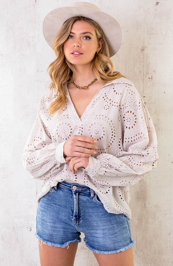 Katoenen Embroidery Oversized Blouse Beige – shoparchief, foto 2