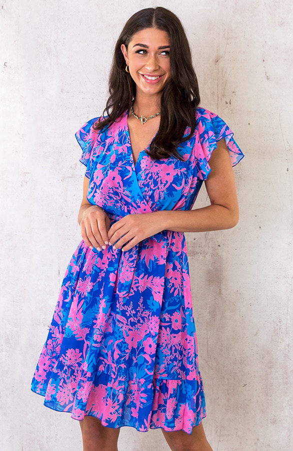 Flower Print Ruffle Jurkje Kobalt Roze – shoparchief, foto 4