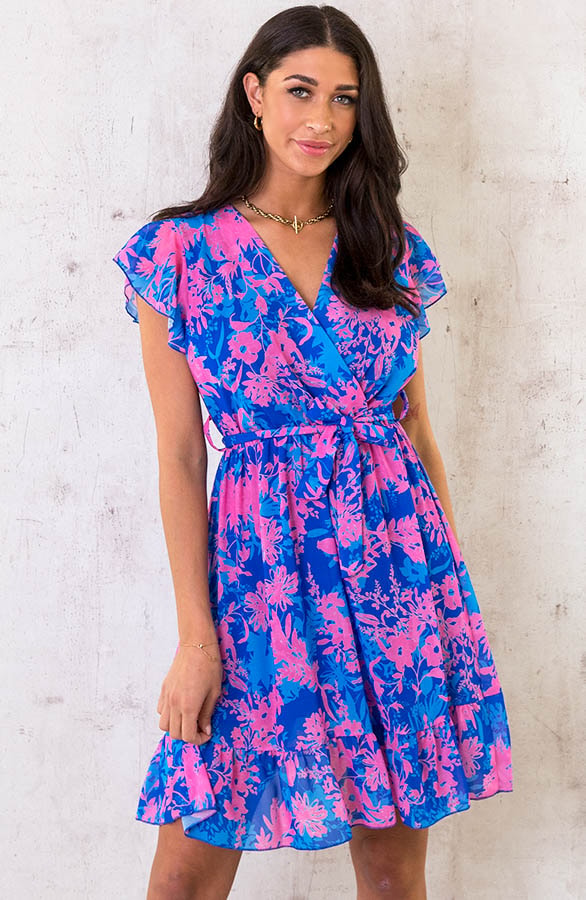 Flower Print Ruffle Jurkje Kobalt Roze – shoparchief, foto 2