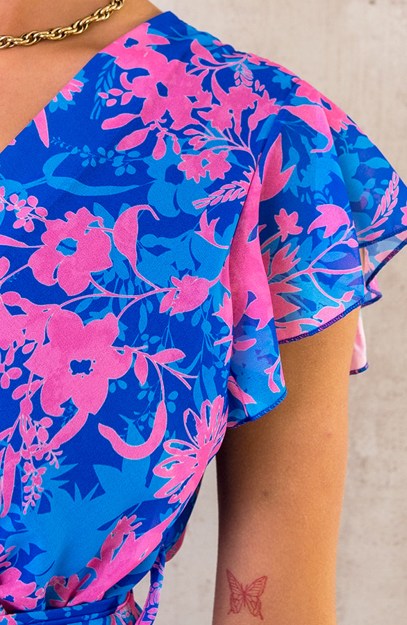 Flower Print Ruffle Jurkje Kobalt Roze – shoparchief, foto 8