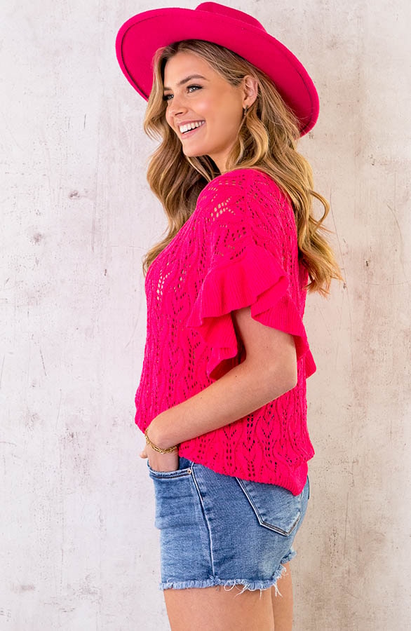 Gehaakte Ruffle Top Fuchsia – shoparchief, foto 3