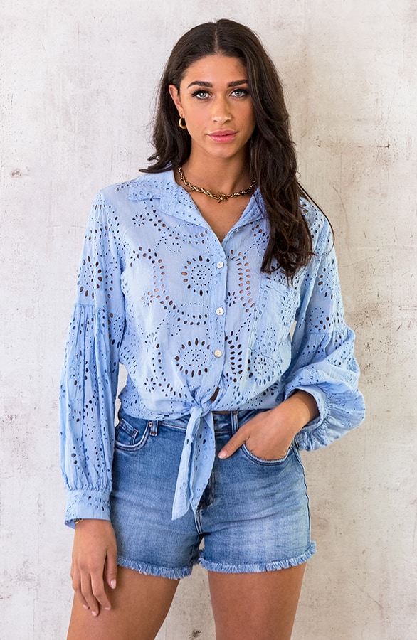 Katoenen Embroidery Knoop Blouse Babyblauw – shoparchief