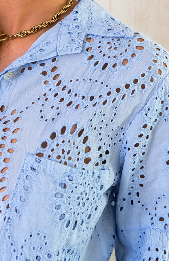 Katoenen Embroidery Knoop Blouse Babyblauw – shoparchief, foto 6