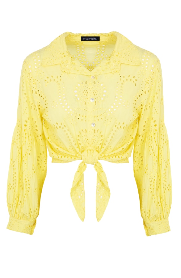 Katoenen Embroidery Knoop Blouse Geel – shoparchief
