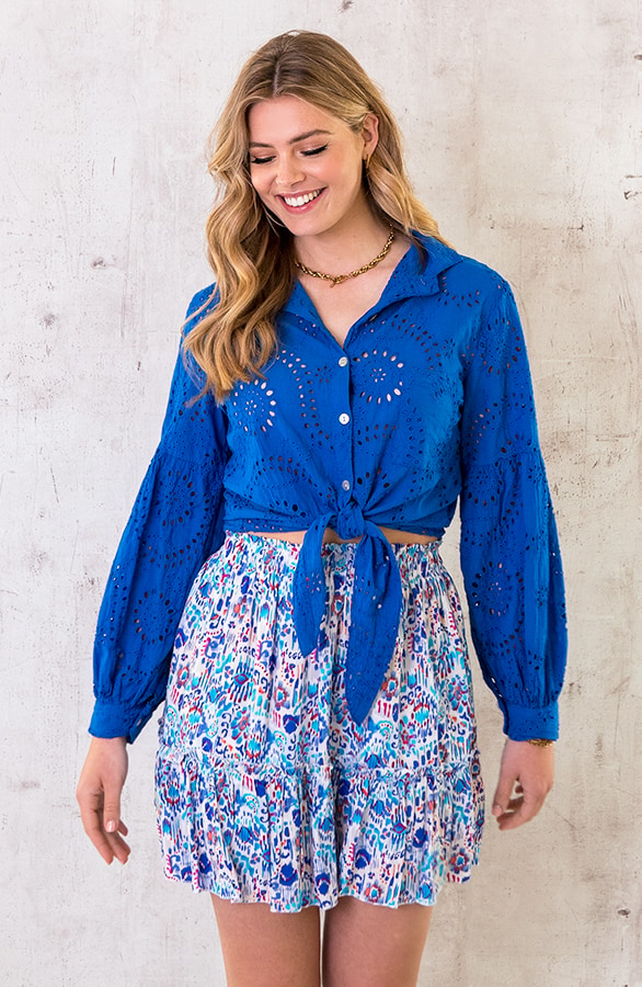 Katoenen Embroidery Knoop Blouse Kobalt – shoparchief, foto 2