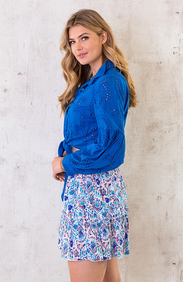 Katoenen Embroidery Knoop Blouse Kobalt – shoparchief, foto 4
