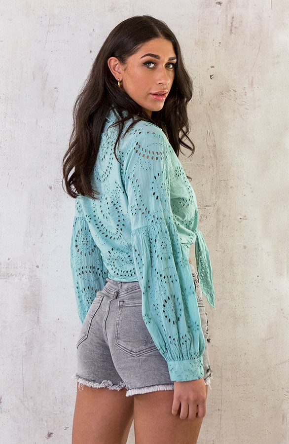 Katoenen Embroidery Knoop Blouse Mint – shoparchief, foto 4
