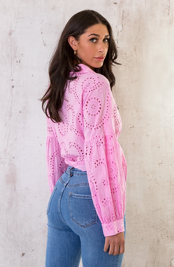 Katoenen Embroidery Knoop Blouse Roze – shoparchief, foto 5
