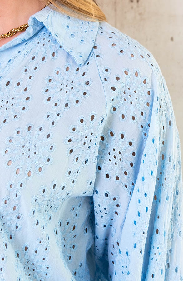 Katoenen Embroidery Oversized Blouse Babyblauw – shoparchief, foto 5