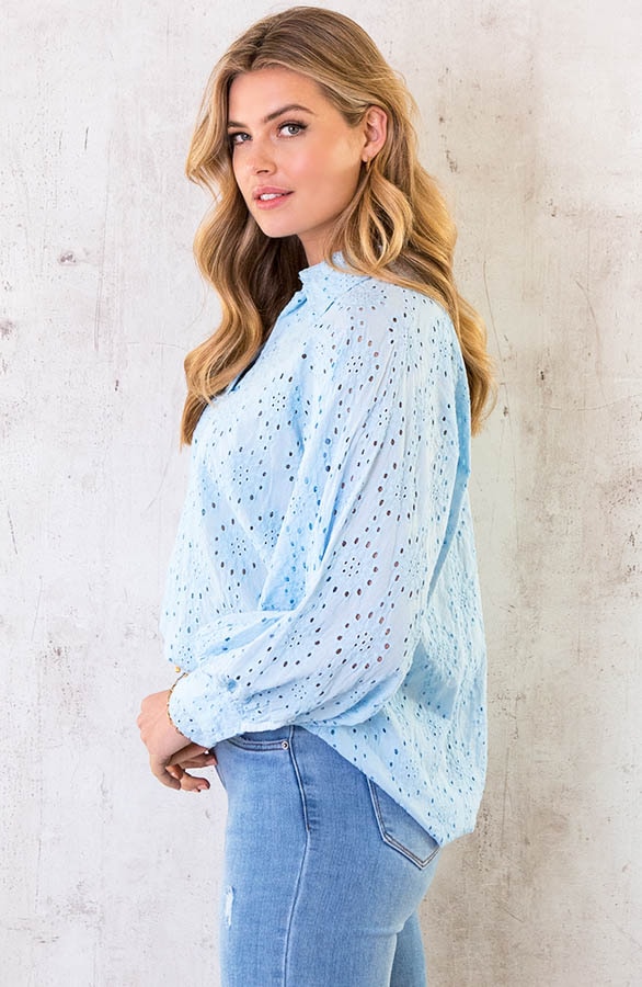Katoenen Embroidery Oversized Blouse Babyblauw – shoparchief, foto 3