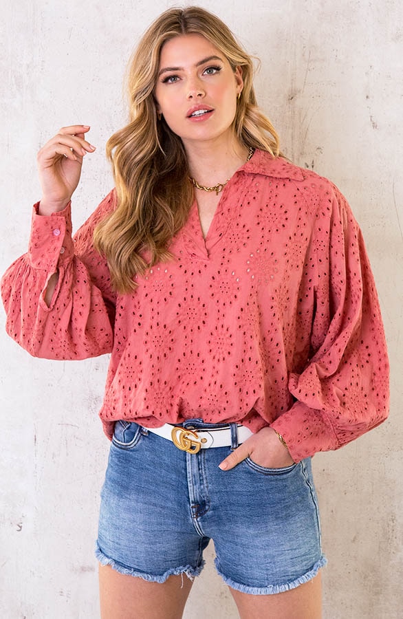 Katoenen Embroidery Oversized Blouse Dust Roze – shoparchief, foto 2