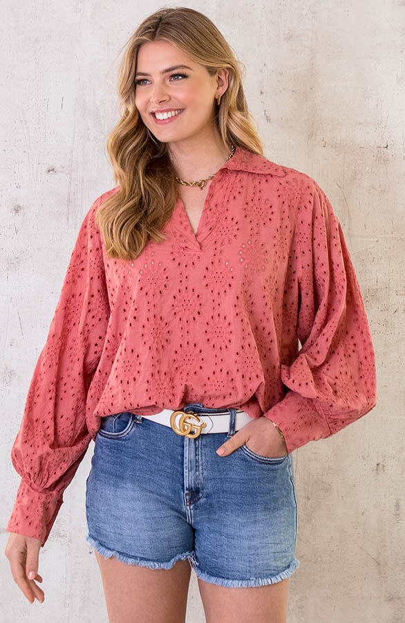 Katoenen Embroidery Oversized Blouse Dust Roze – shoparchief