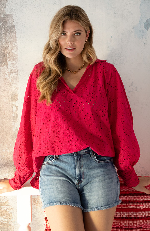 Katoenen Embroidery Oversized Blouse Fuchsia – shoparchief, foto 7