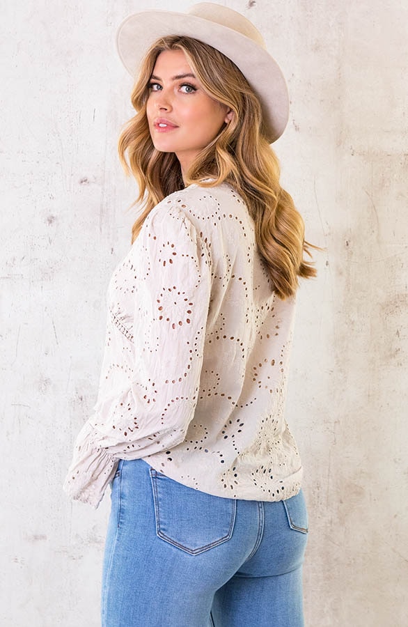 Katoenen V-hals Top Embroidery Beige – shoparchief, foto 4