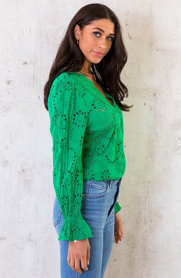 Katoenen V-hals Top Embroidery Bright Green – shoparchief, foto 3