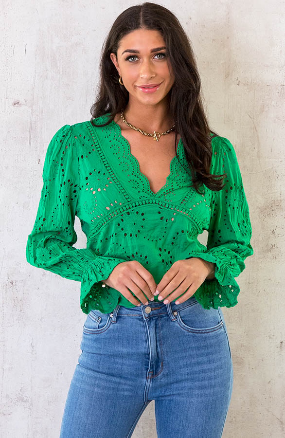 Katoenen V-hals Top Embroidery Bright Green – shoparchief, foto 2