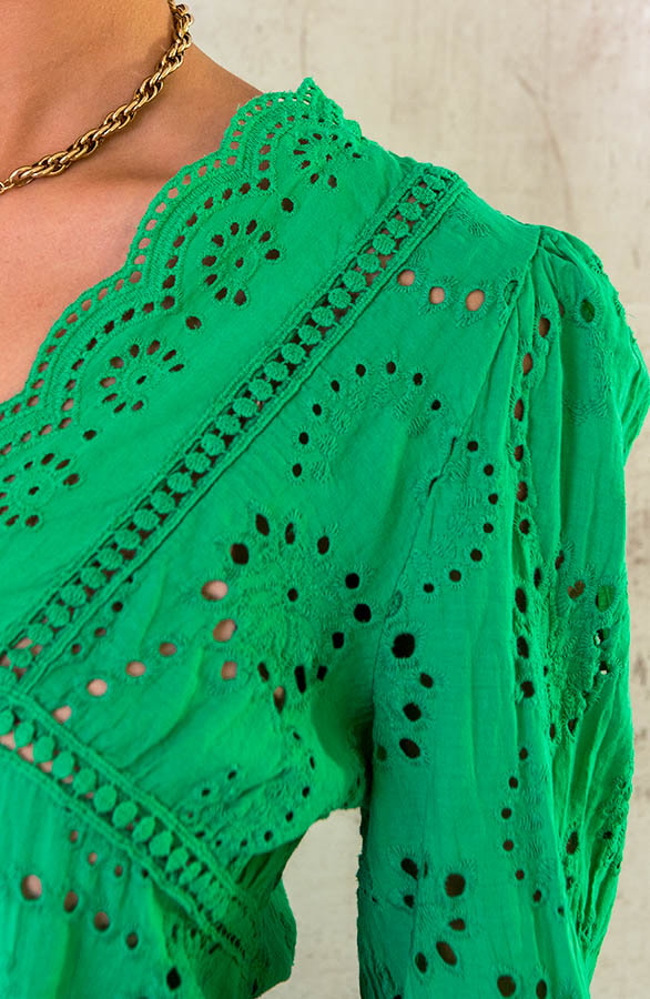 Katoenen V-hals Top Embroidery Bright Green – shoparchief, foto 5