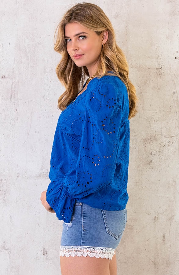 Katoenen V-hals Top Embroidery Kobalt – shoparchief, foto 3