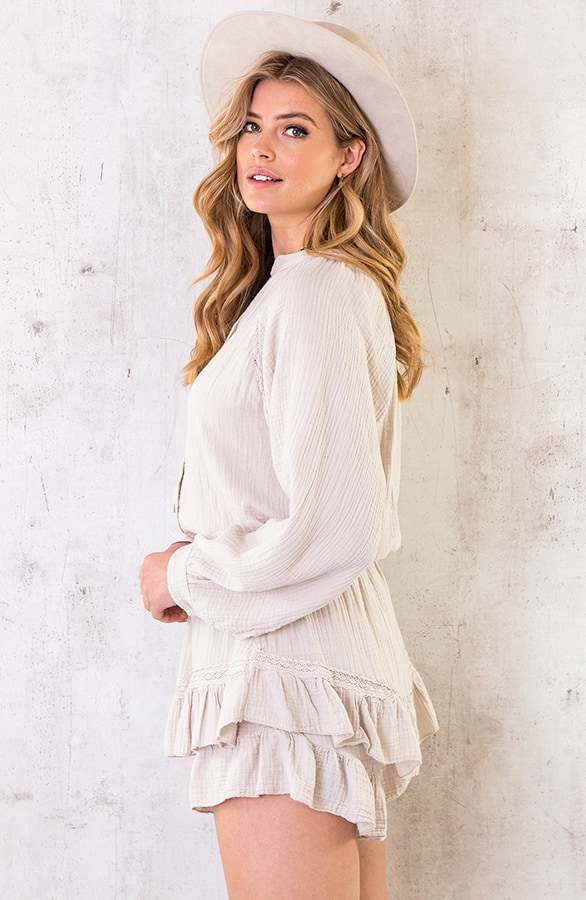 Knopen Blouse Mousseline Beige – shoparchief, foto 3