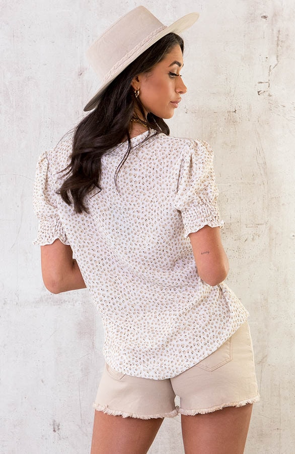 Korte Mouwen Print Blouse Beige – shoparchief, foto 4