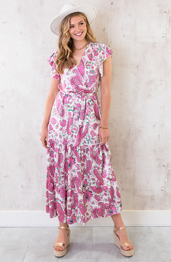 Maxi Satijnen Jurk Paisley Fuchsia – shoparchief