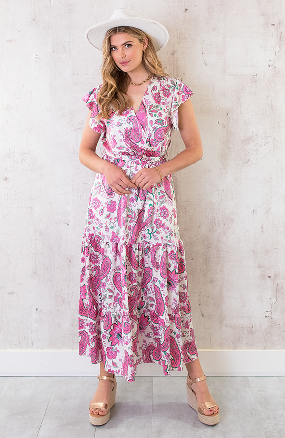 Maxi Satijnen Jurk Paisley Fuchsia – shoparchief, foto 3