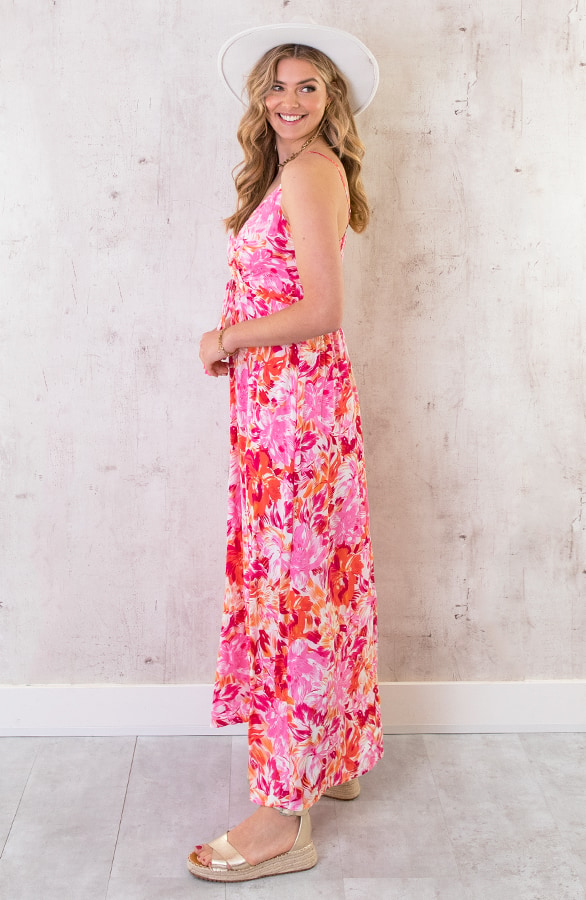 Maxi Spaghetti Jurk Flower Roze Rood – shoparchief, foto 4