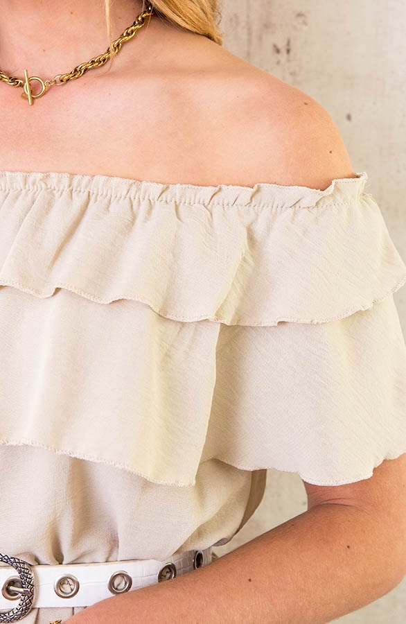 Off Shoulder Laagjes Jurk Beige – shoparchief, foto 6