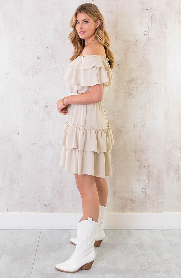 Off Shoulder Laagjes Jurk Beige – shoparchief, foto 4