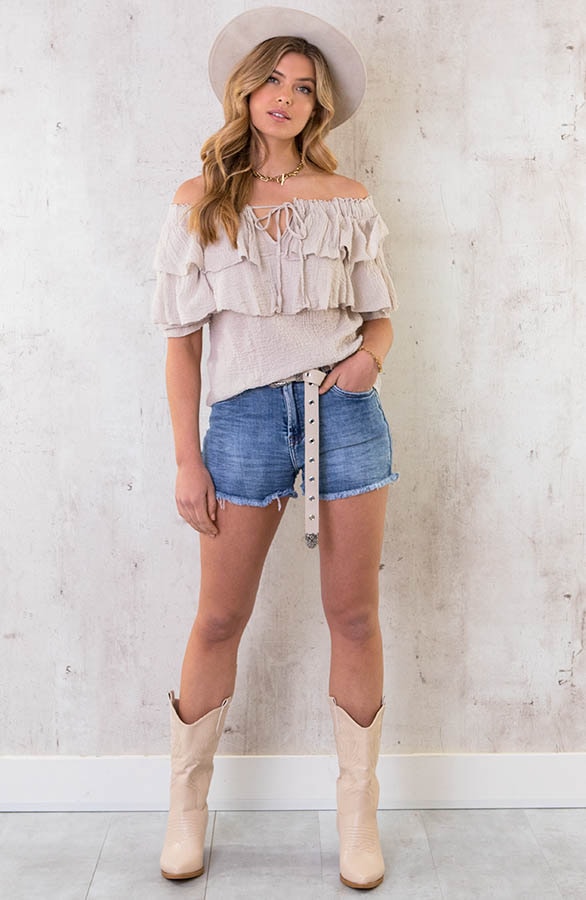 Off Shoulder Ruffle Top Beige – shoparchief, foto 5