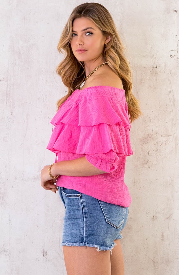Off Shoulder Ruffle Top Fuchsia – shoparchief, foto 3