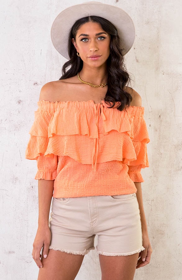 Off Shoulder Ruffle Top Oranje – shoparchief