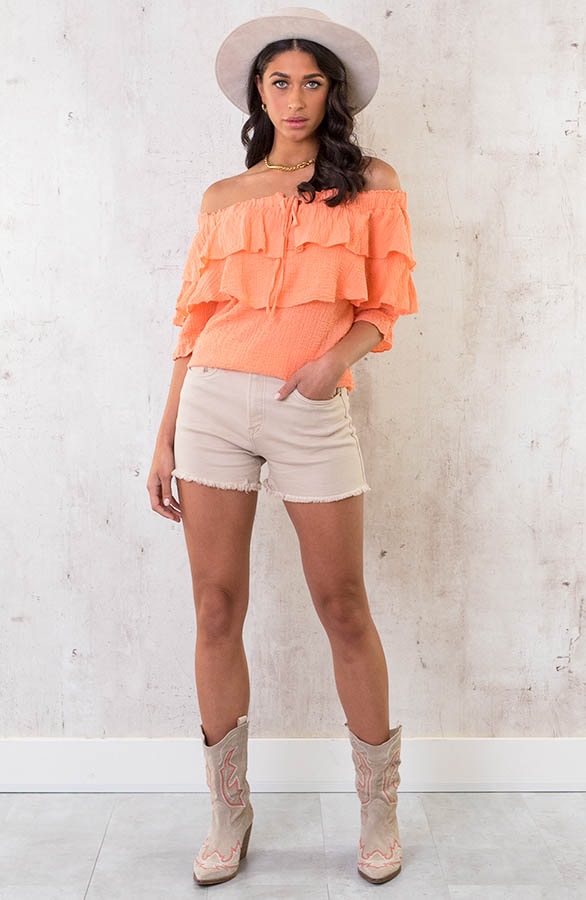 Off Shoulder Ruffle Top Oranje – shoparchief, foto 5