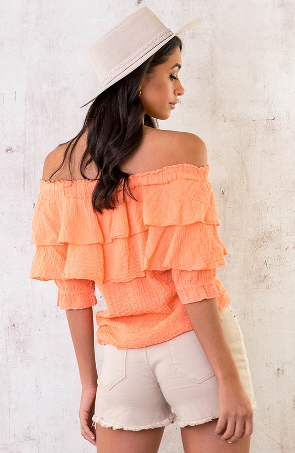 Off Shoulder Ruffle Top Oranje – shoparchief, foto 4