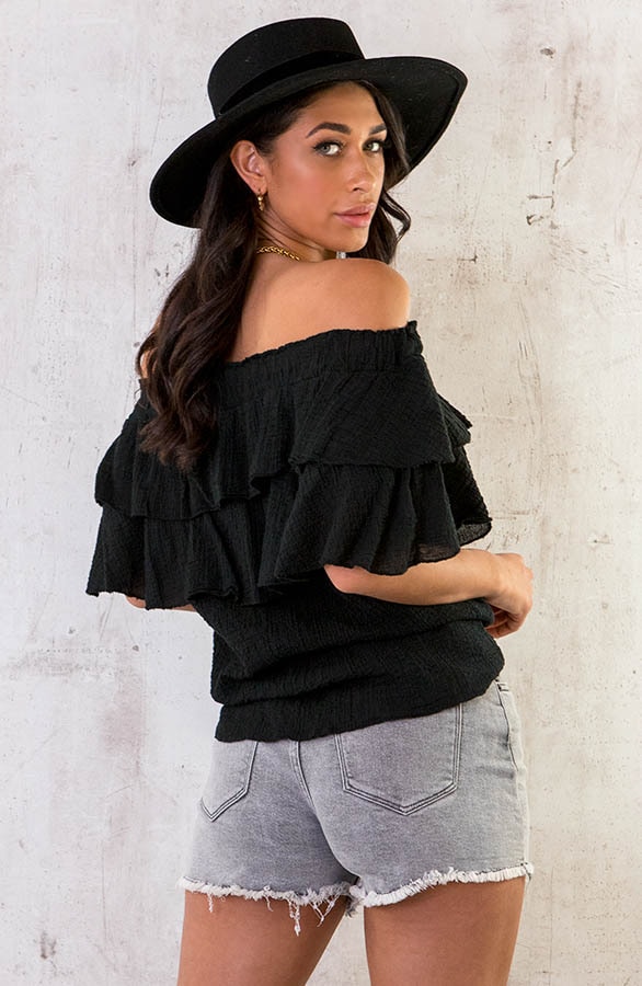Off Shoulder Ruffle Top Zwart – shoparchief, foto 4
