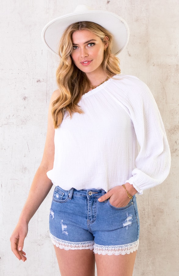 One Shoulder Mousseline Oversized Top Ecru – shoparchief, foto 2