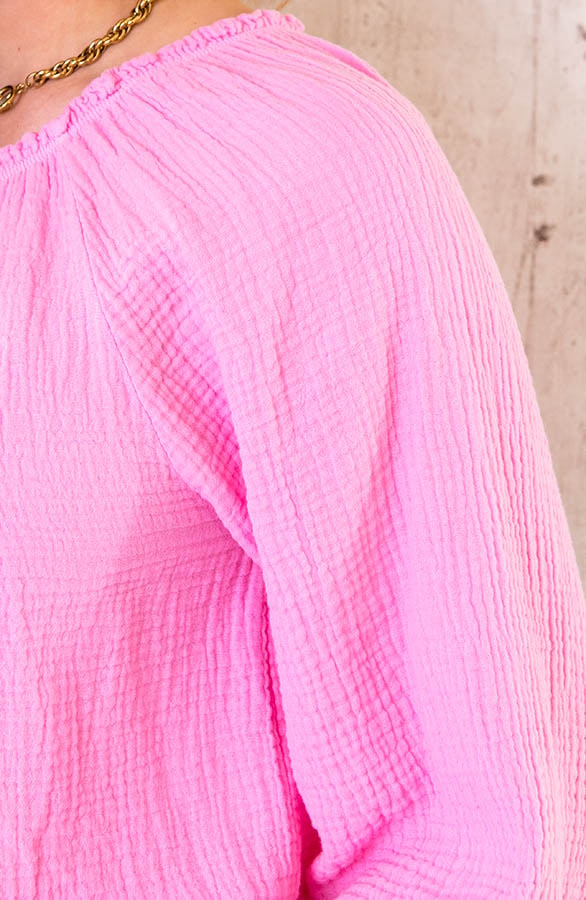 One Shoulder Mousseline Oversized Top Roze – shoparchief, foto 5