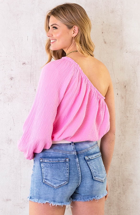 One Shoulder Mousseline Oversized Top Roze – shoparchief, foto 4